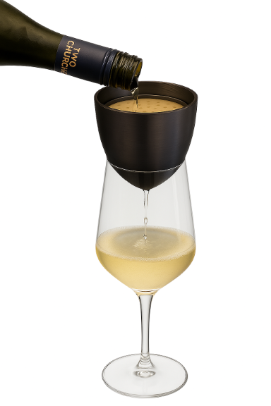 Complete wine chilling setup showing wine bottle at top and wine glass at bottom